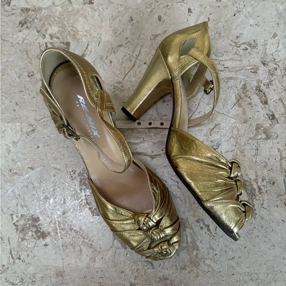 Metallic Gold Leather Peep Toe High Heel Elegant Pump Re-Mix Spain Size 7.5 M